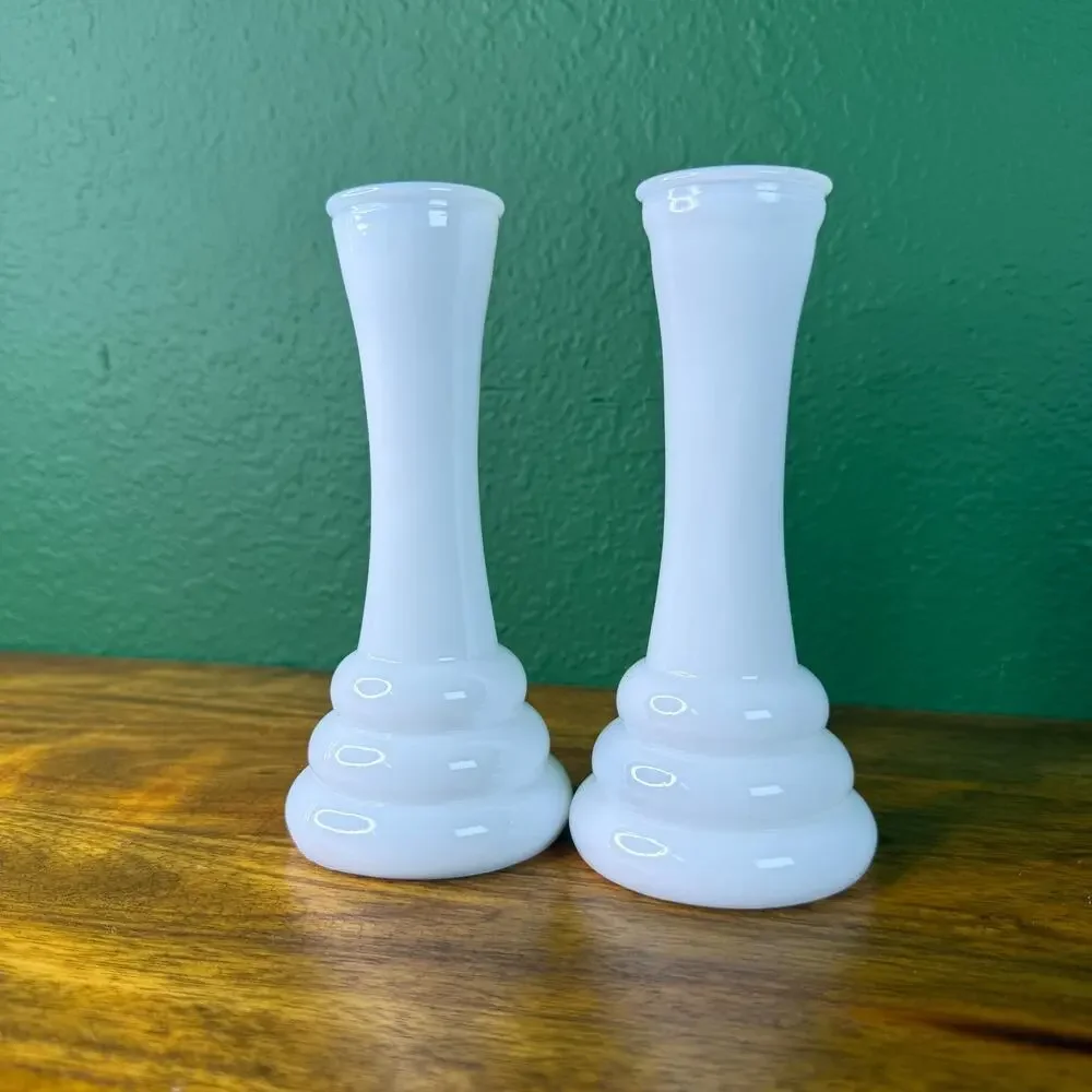 Vintage Milk Glass Vase Set Two Bud Vase Glasses